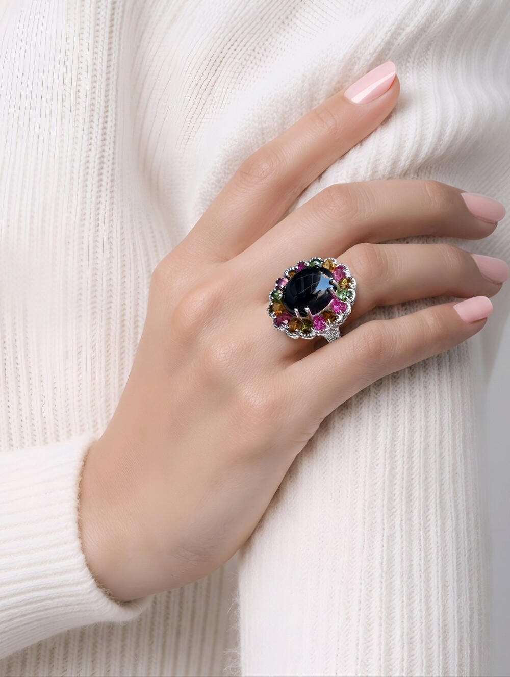 Artisan ✦ Black Tourmaline Halo Ring ✦ Platinum Over Silver Multi‑Stone 9 NWT
